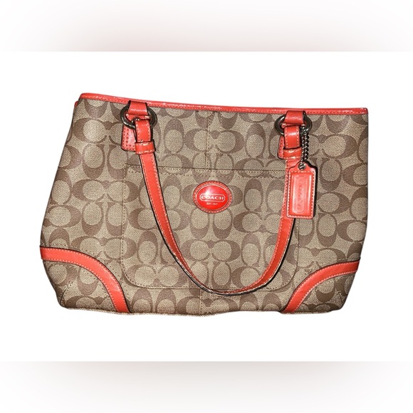 Coach Peyton Signature Logo Heritage Authentic Tote with Orange Leather Trim! 🧡 - Picture 6 of 14